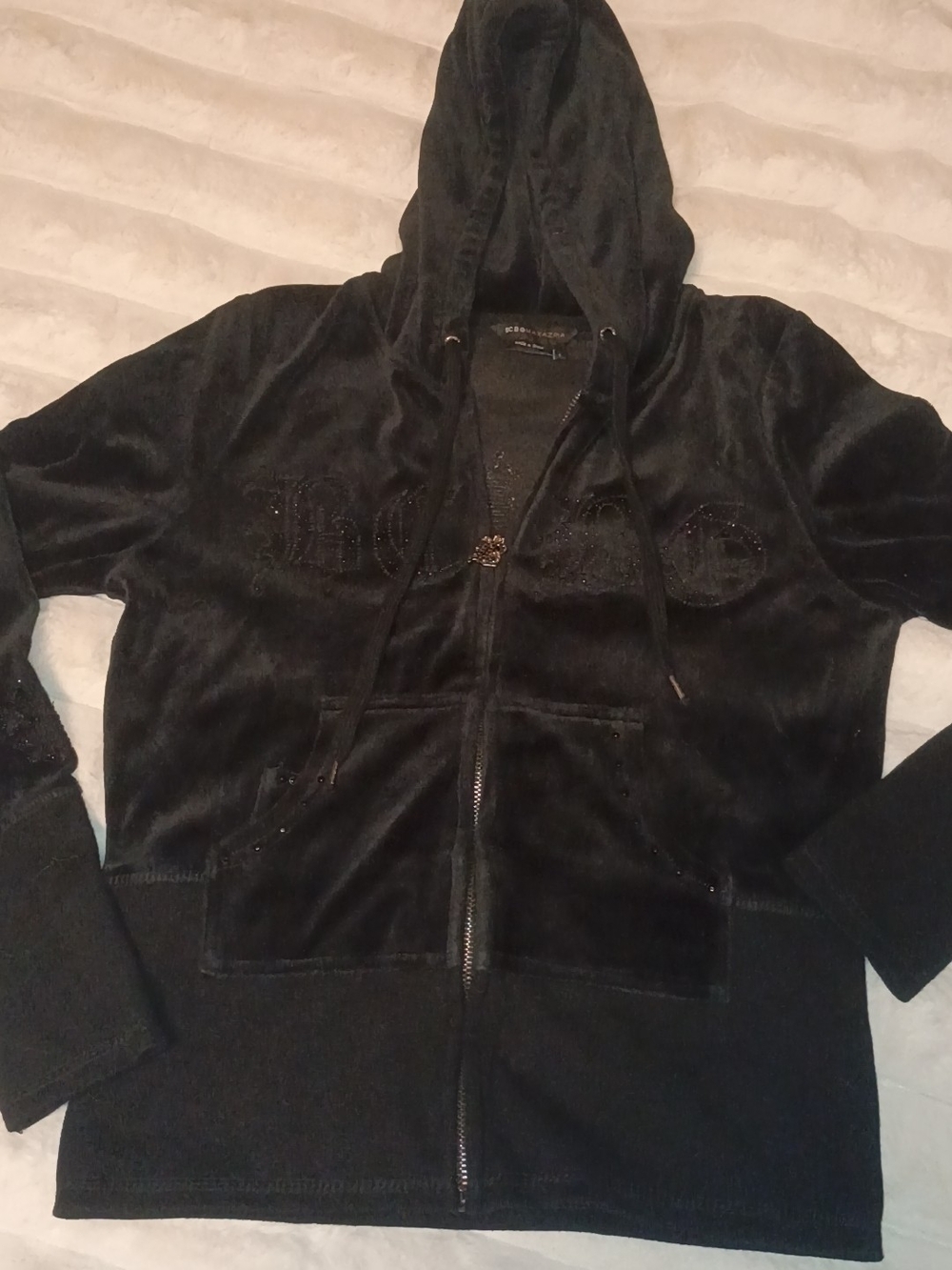 Black Bcbgmaxazria Velour Zip-Up Hoodie with Embellished Logo